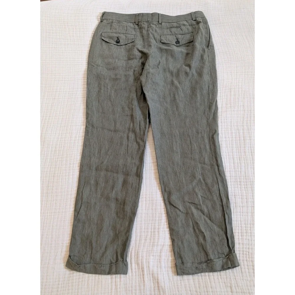 Stafford Mens 34x30 OG Sage Olive Green 100% Linen Baker Pants Pleated Cuffed